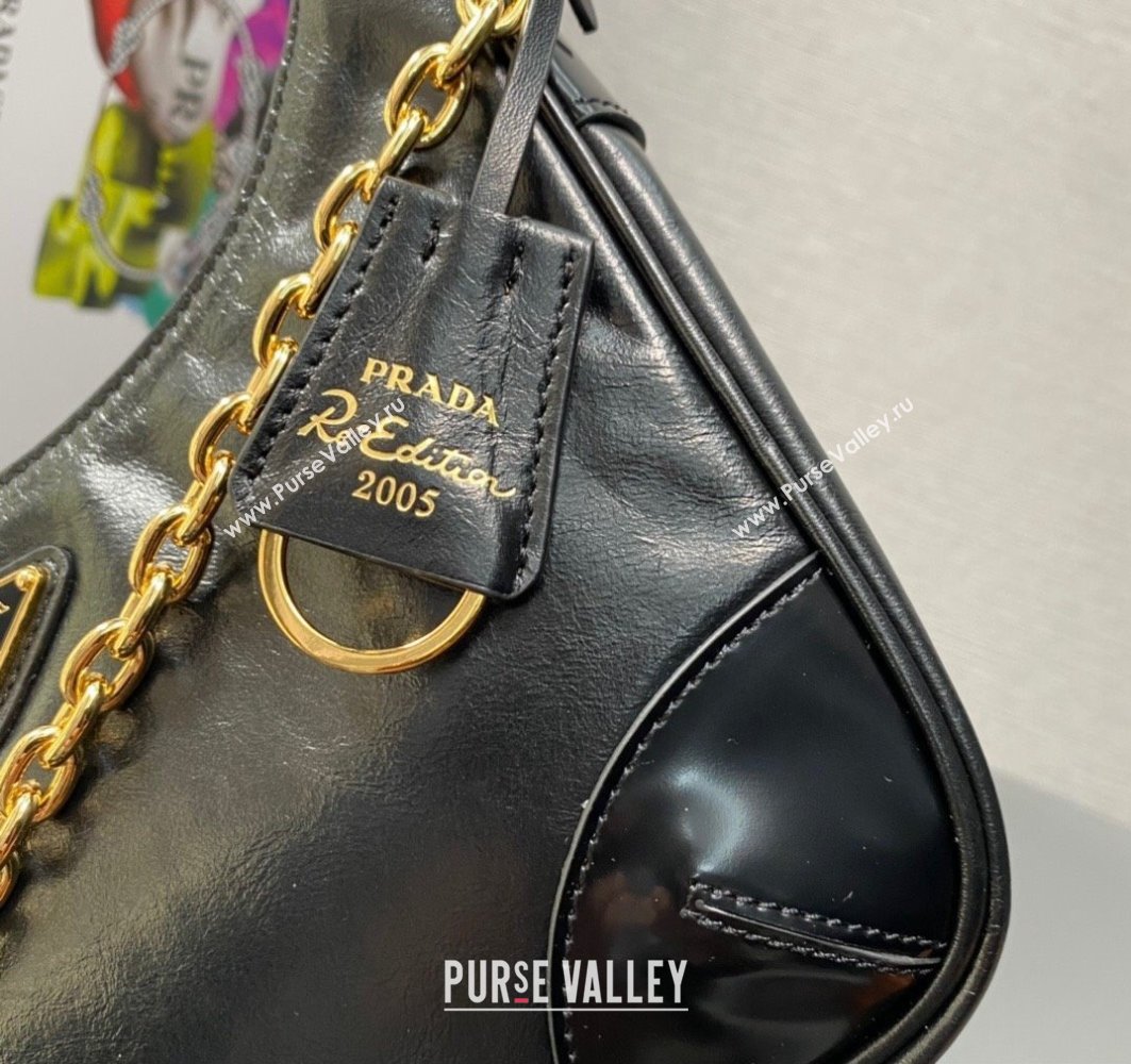 Prada Re-Edition 2005 Leather Shoulder Hobo Bag with Leather shoulder strap 1BH204 black 2024 (ziyin-24022739)