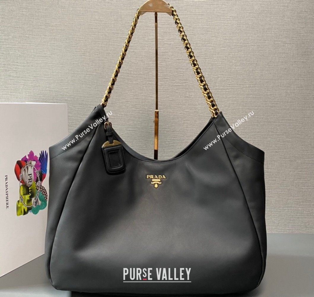 Prada Soft Calfskin Leather Chain Tote Bag 1BA638 Black/Gold 2024 (ziyin-24022807)