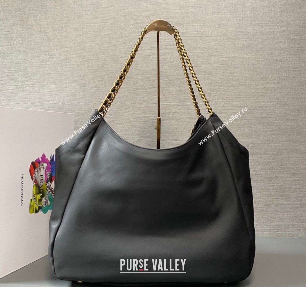 Prada Soft Calfskin Leather Chain Tote Bag 1BA638 Black/Gold 2024 (ziyin-24022807)