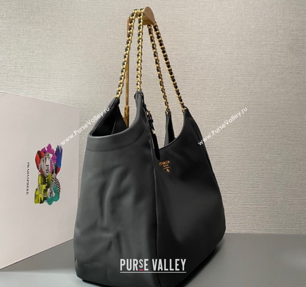 Prada Soft Calfskin Leather Chain Tote Bag 1BA638 Black/Gold 2024 (ziyin-24022807)