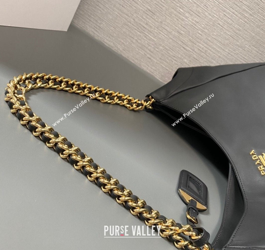 Prada Soft Calfskin Leather Chain Tote Bag 1BA638 Black/Gold 2024 (ziyin-24022807)