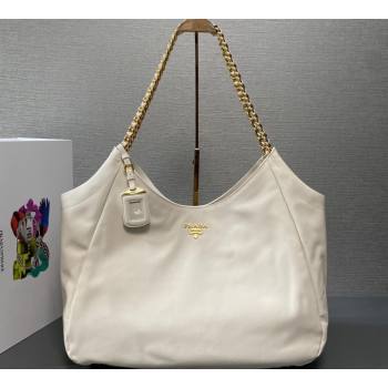 Prada Soft Calfskin Leather Chain Tote Bag 1BA638 White/Gold 2024 (ziyin-24022808)