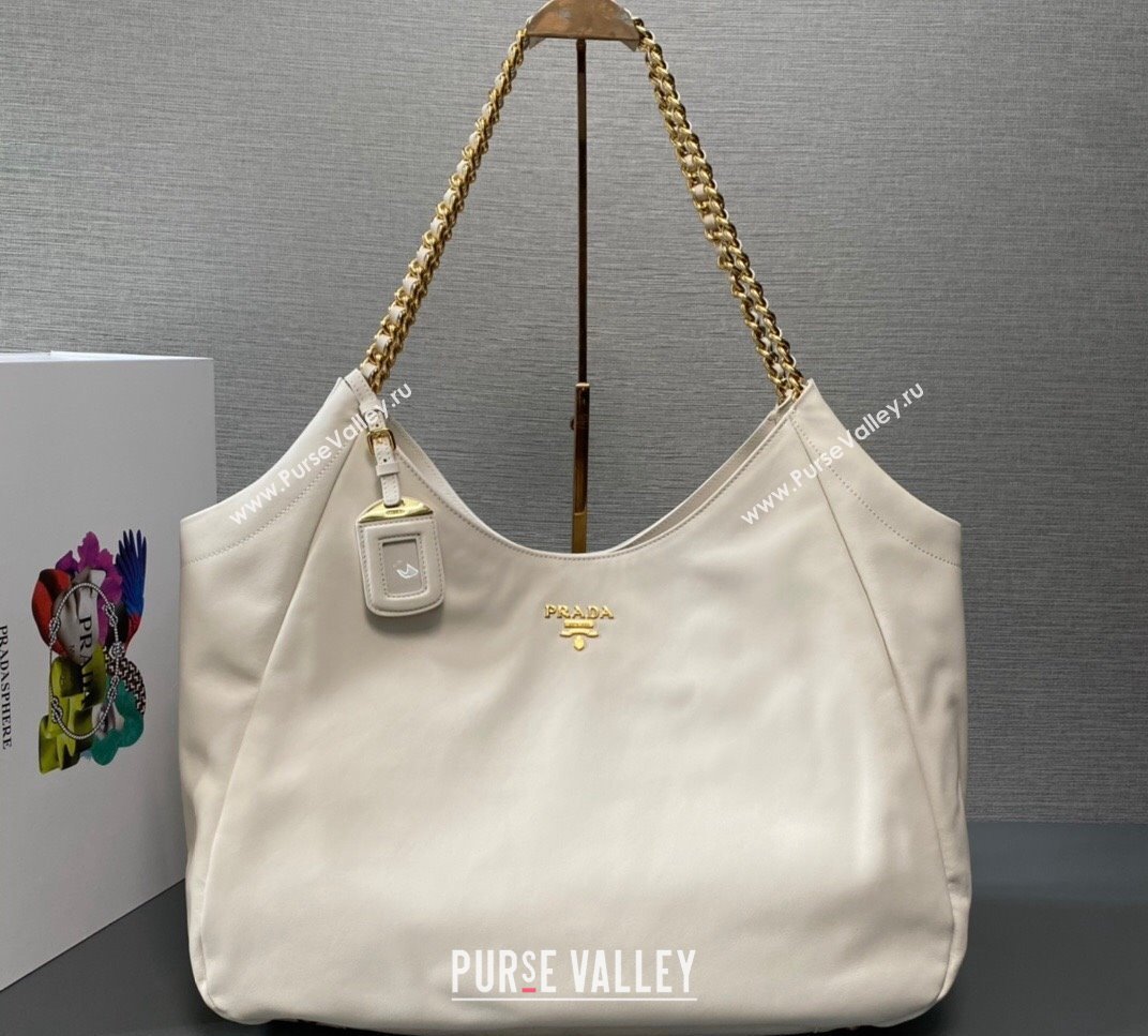 Prada Soft Calfskin Leather Chain Tote Bag 1BA638 White/Gold 2024 (ziyin-24022808)