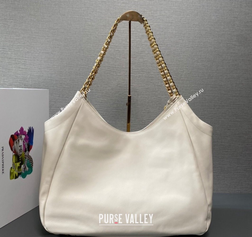 Prada Soft Calfskin Leather Chain Tote Bag 1BA638 White/Gold 2024 (ziyin-24022808)