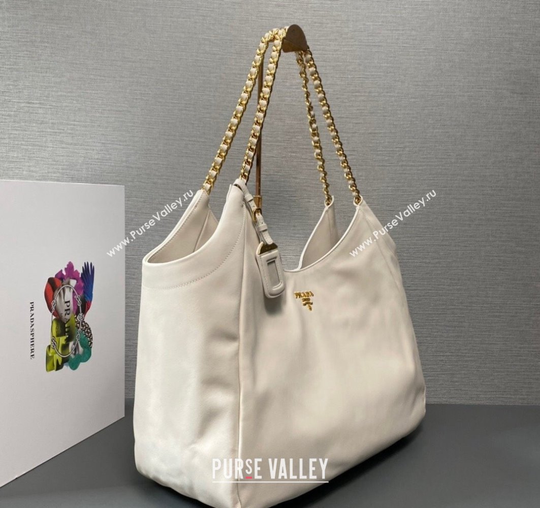 Prada Soft Calfskin Leather Chain Tote Bag 1BA638 White/Gold 2024 (ziyin-24022808)