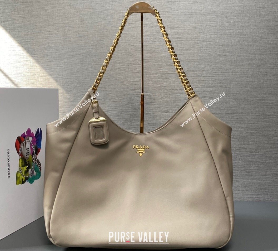 Prada Soft Calfskin Leather Chain Tote Bag 1BA638 Beige/Gold 2024 (ziyin-24022809)