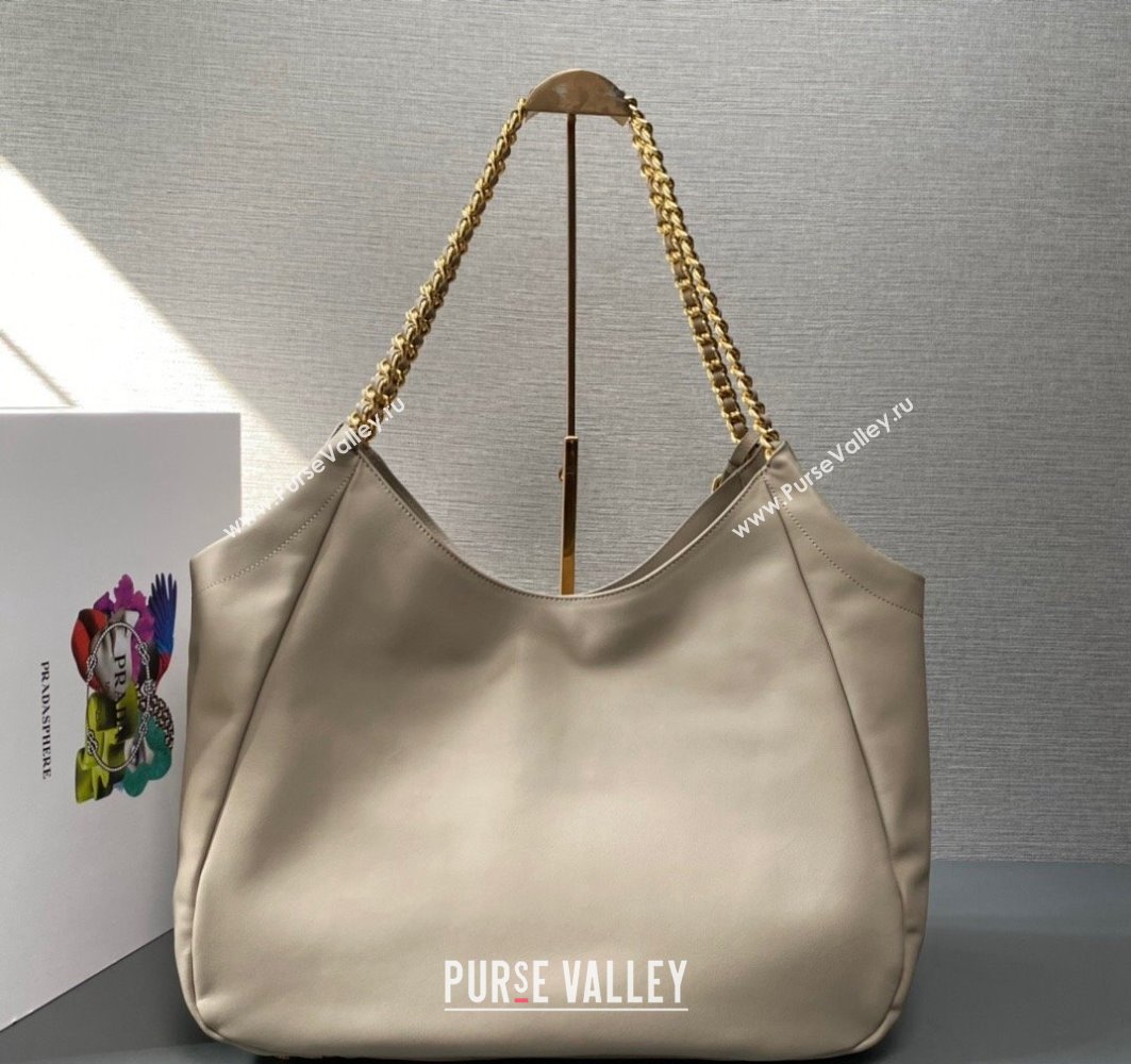 Prada Soft Calfskin Leather Chain Tote Bag 1BA638 Beige/Gold 2024 (ziyin-24022809)