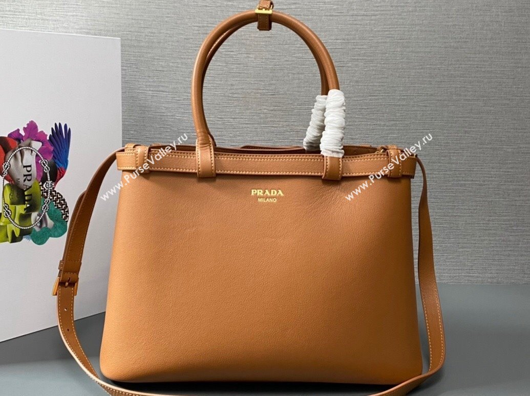 Prada Buckle medium leather handbag with double belt 1BA417 Brown 2024 (ziyin-24022852)