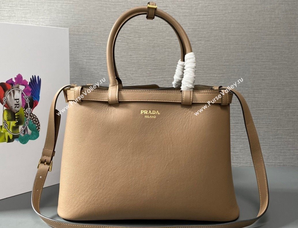 Prada Buckle medium leather handbag with double belt 1BA417 Camel 2024 (ziyin-24022851)