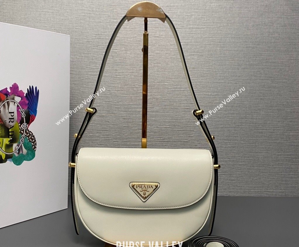 Prada Arque leather shoulder bag with flap 1BD365 White 2024 (ziyin-24022702)