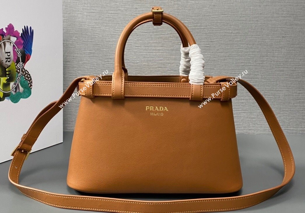 Prada Buckle small leather handbag with double belt 1BA418 Brown 2024 (ziyin-24022855)