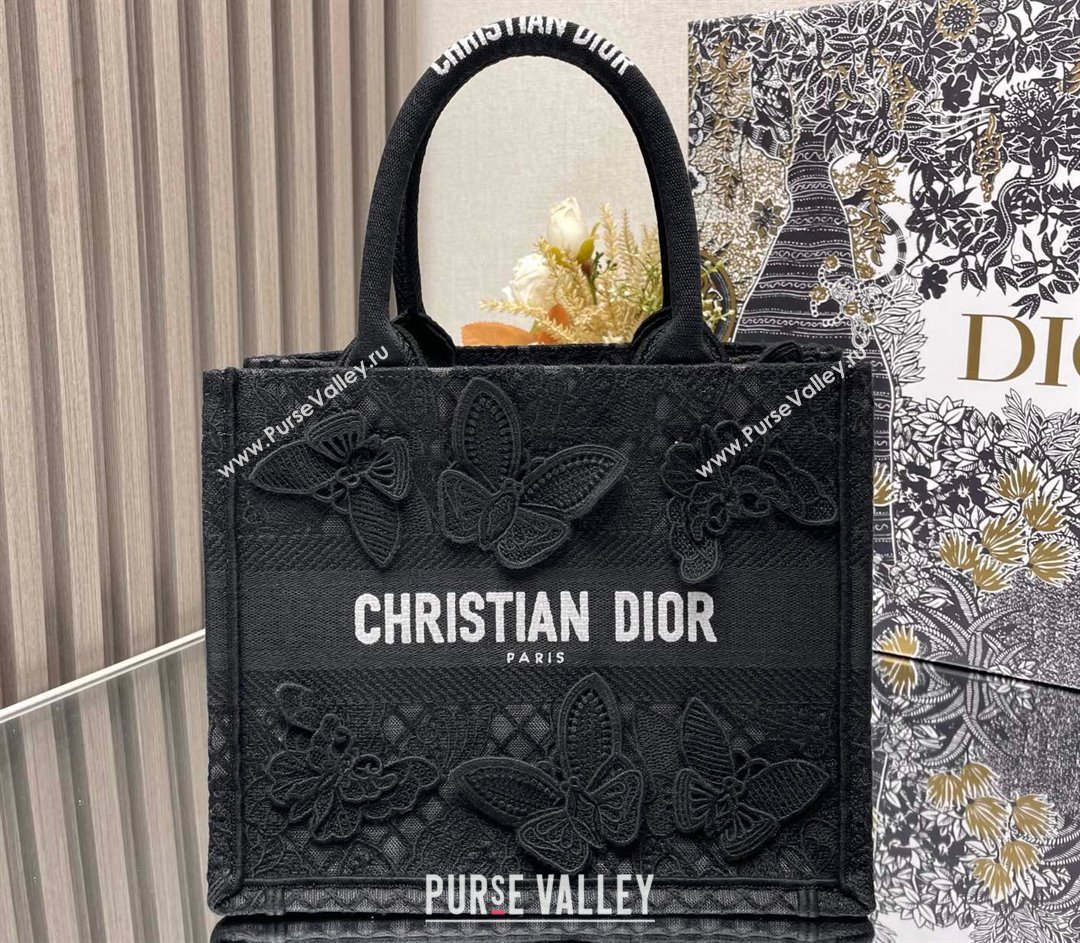 Dior Small Book Tote Bag in Black D-Lace Butterfly Embroidery with 3D Macrame Effect 2024 (ziyin-24022909)