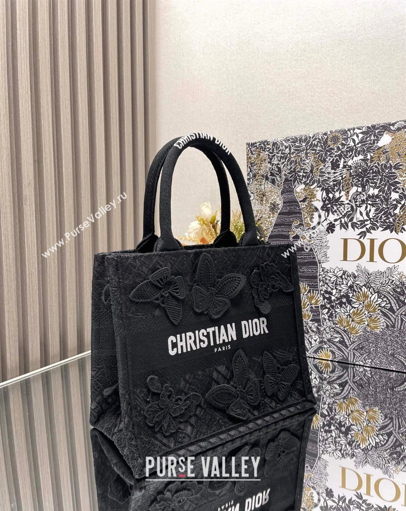 Dior Small Book Tote Bag in Black D-Lace Butterfly Embroidery with 3D Macrame Effect 2024 (ziyin-24022909)