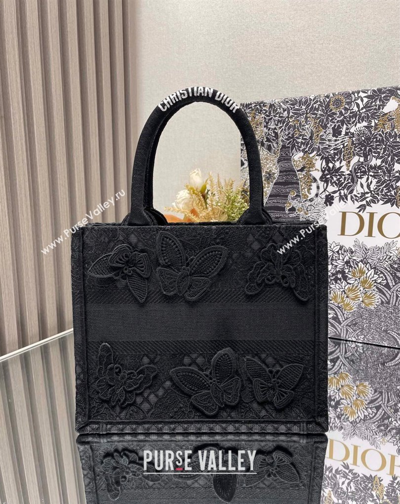 Dior Small Book Tote Bag in Black D-Lace Butterfly Embroidery with 3D Macrame Effect 2024 (ziyin-24022909)