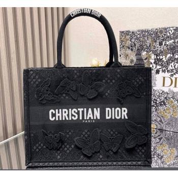 Dior Medium Book Tote Bag in Black D-Lace Butterfly Embroidery with 3D Macrame Effect 2024 (ziyin-24022907)