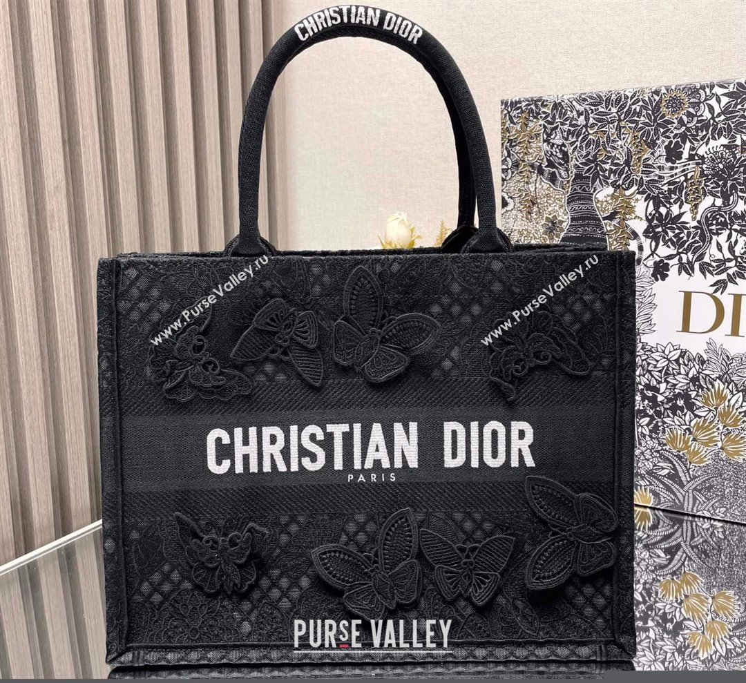 Dior Medium Book Tote Bag in Black D-Lace Butterfly Embroidery with 3D Macrame Effect 2024 (ziyin-24022907)