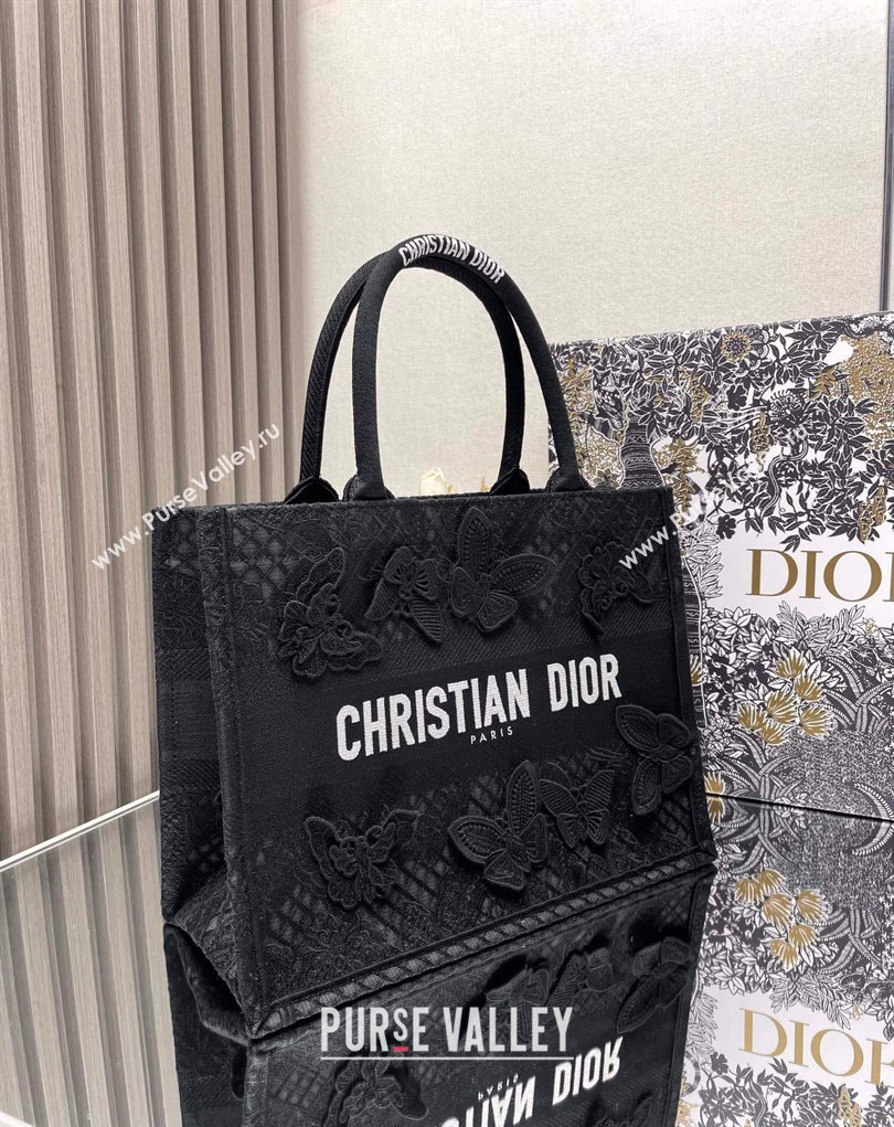 Dior Medium Book Tote Bag in Black D-Lace Butterfly Embroidery with 3D Macrame Effect 2024 (ziyin-24022907)