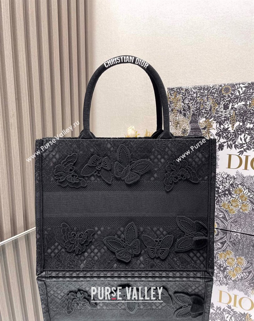 Dior Medium Book Tote Bag in Black D-Lace Butterfly Embroidery with 3D Macrame Effect 2024 (ziyin-24022907)