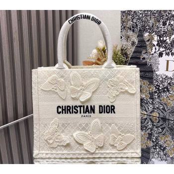 Dior Small Book Tote Bag in White D-Lace Butterfly Embroidery with 3D Macrame Effect 2024 (ziyin-24022910)