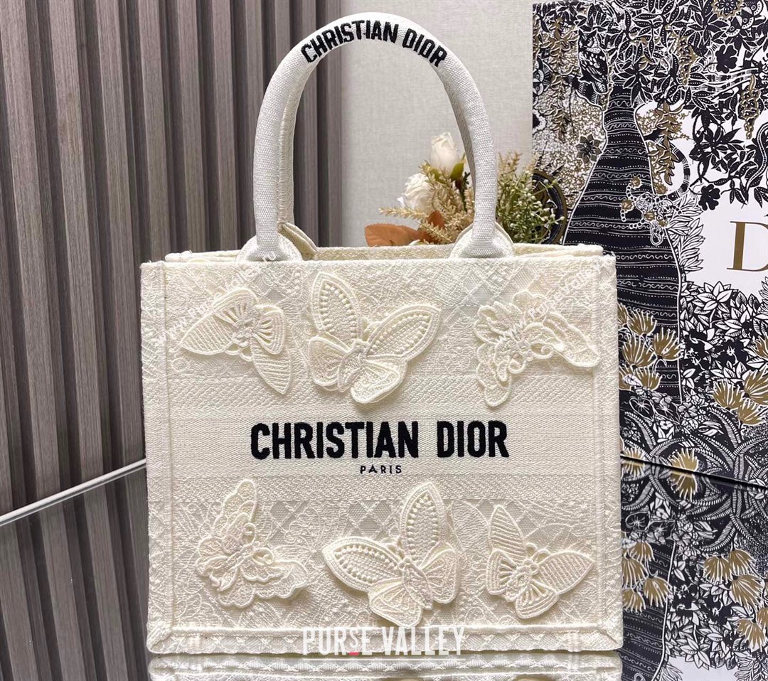 Dior Small Book Tote Bag in White D-Lace Butterfly Embroidery with 3D Macrame Effect 2024 (ziyin-24022910)