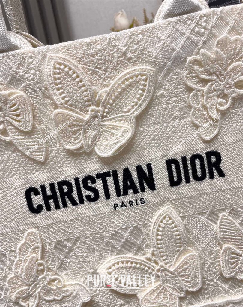 Dior Small Book Tote Bag in White D-Lace Butterfly Embroidery with 3D Macrame Effect 2024 (ziyin-24022910)