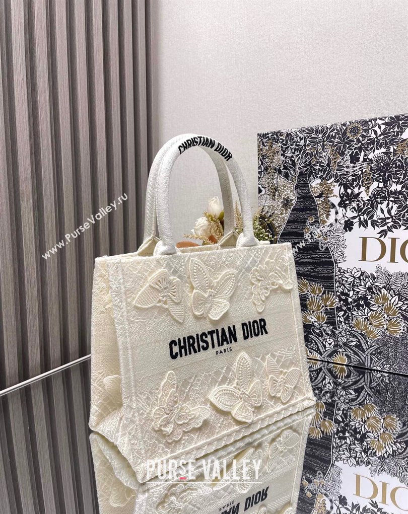 Dior Small Book Tote Bag in White D-Lace Butterfly Embroidery with 3D Macrame Effect 2024 (ziyin-24022910)