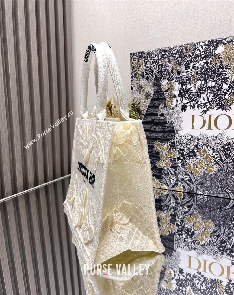 Dior Small Book Tote Bag in White D-Lace Butterfly Embroidery with 3D Macrame Effect 2024 (ziyin-24022910)