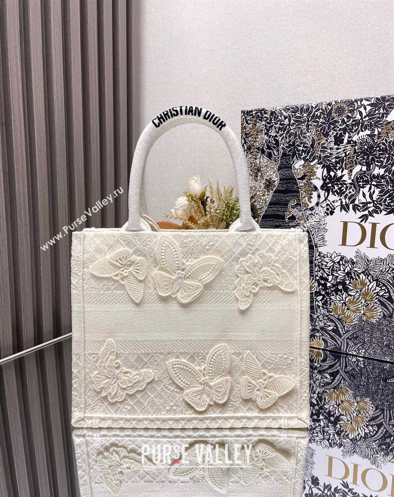 Dior Small Book Tote Bag in White D-Lace Butterfly Embroidery with 3D Macrame Effect 2024 (ziyin-24022910)