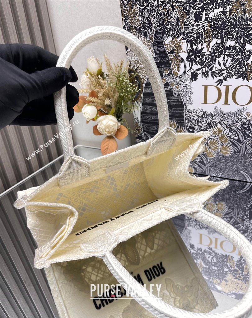 Dior Small Book Tote Bag in White D-Lace Butterfly Embroidery with 3D Macrame Effect 2024 (ziyin-24022910)