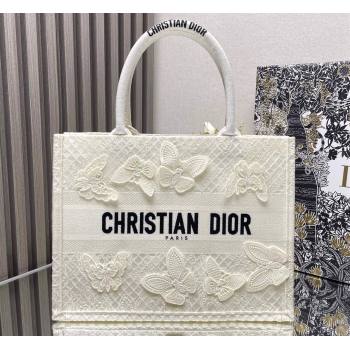 Dior Medium Book Tote Bag in White D-Lace Butterfly Embroidery with 3D Macrame Effect 2024 (ziyin-24022908)