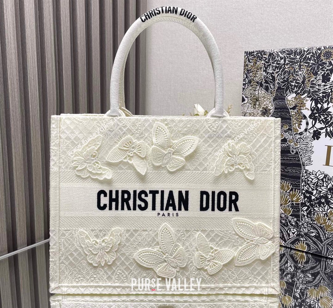 Dior Medium Book Tote Bag in White D-Lace Butterfly Embroidery with 3D Macrame Effect 2024 (ziyin-24022908)