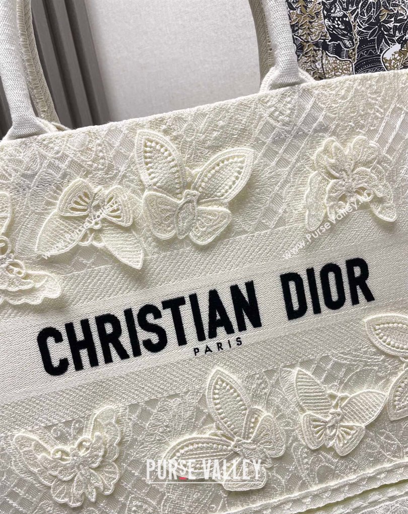 Dior Medium Book Tote Bag in White D-Lace Butterfly Embroidery with 3D Macrame Effect 2024 (ziyin-24022908)