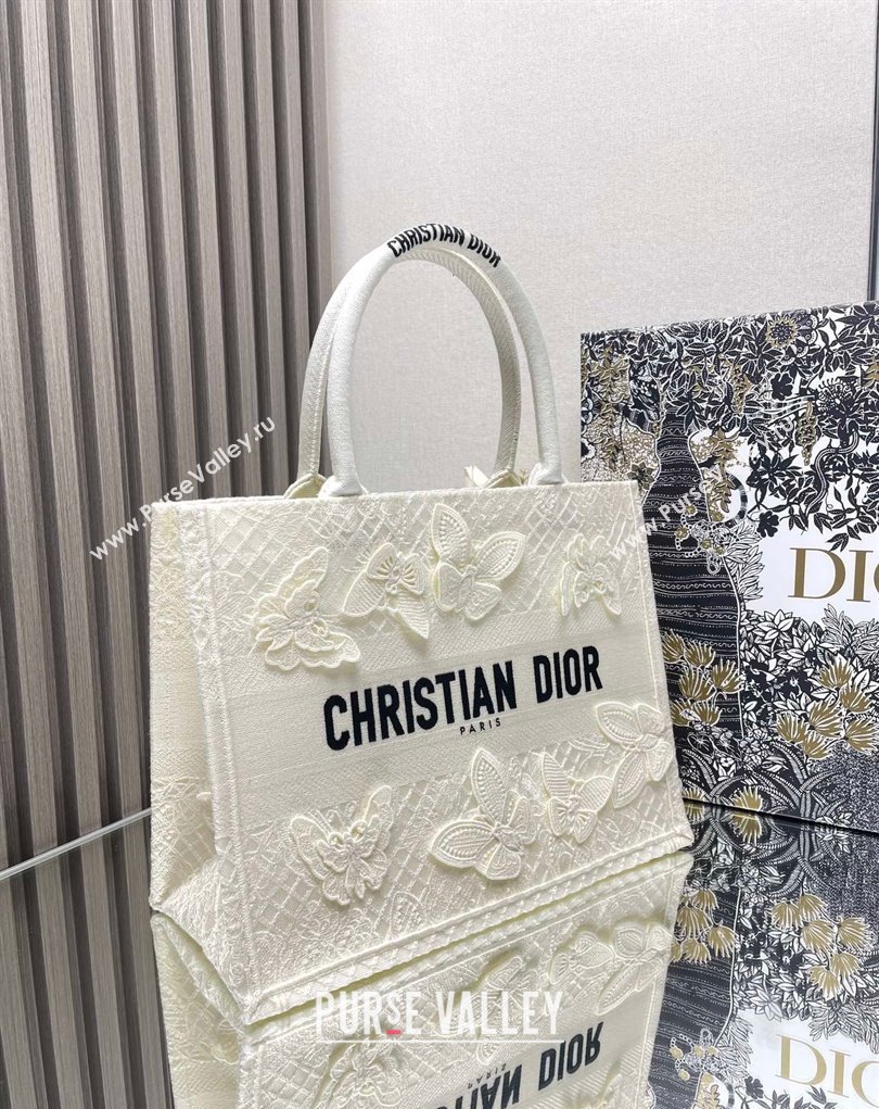 Dior Medium Book Tote Bag in White D-Lace Butterfly Embroidery with 3D Macrame Effect 2024 (ziyin-24022908)