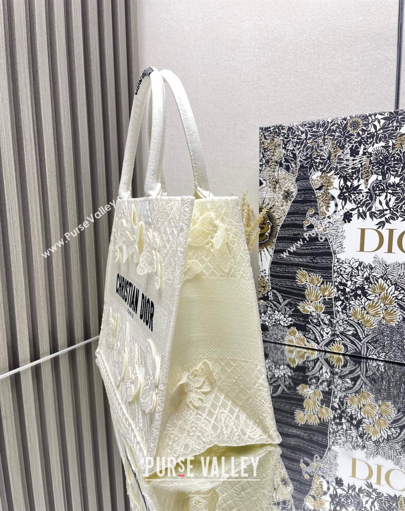 Dior Medium Book Tote Bag in White D-Lace Butterfly Embroidery with 3D Macrame Effect 2024 (ziyin-24022908)