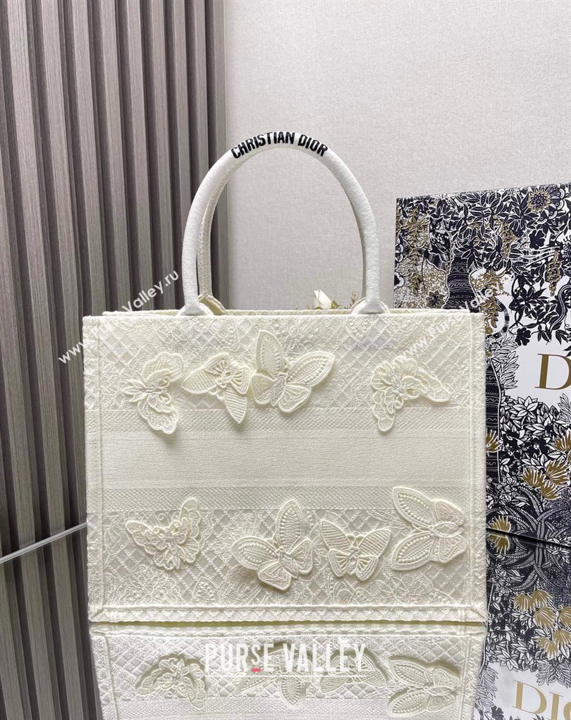 Dior Medium Book Tote Bag in White D-Lace Butterfly Embroidery with 3D Macrame Effect 2024 (ziyin-24022908)