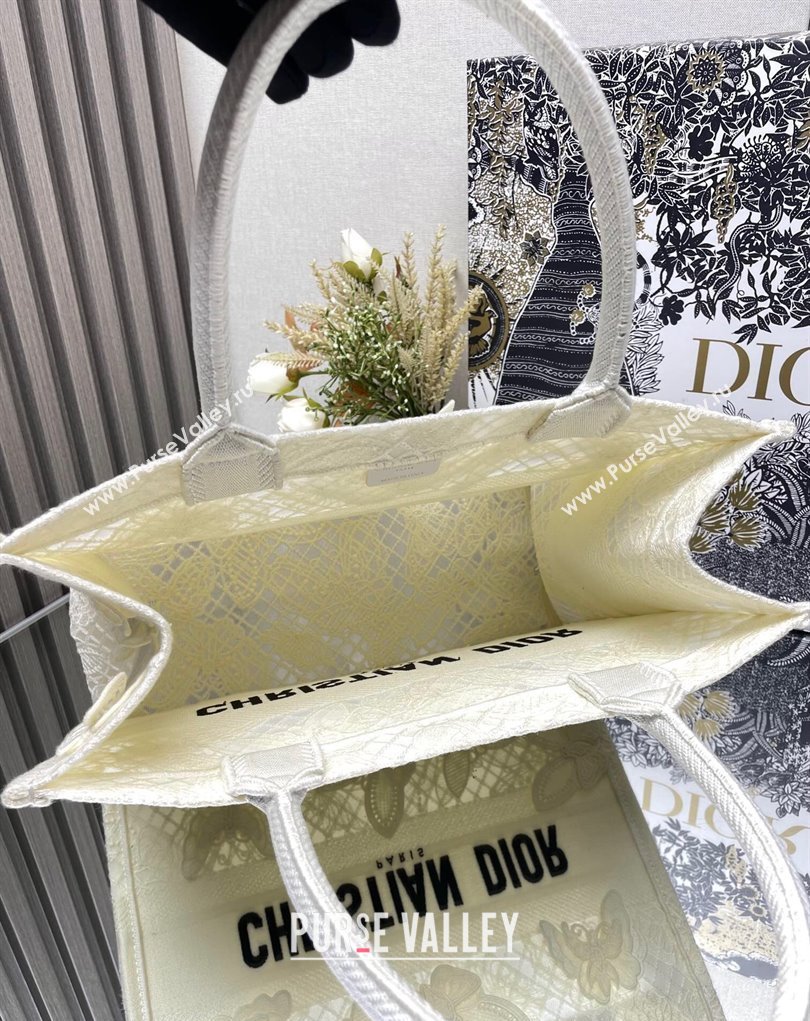 Dior Medium Book Tote Bag in White D-Lace Butterfly Embroidery with 3D Macrame Effect 2024 (ziyin-24022908)