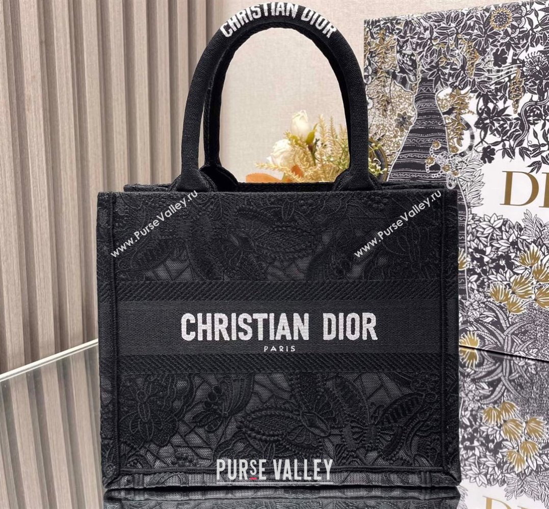 Dior Small Book Tote Bag in Black D-Lace Butterfly Embroidery 2024 (ziyin-24022904)