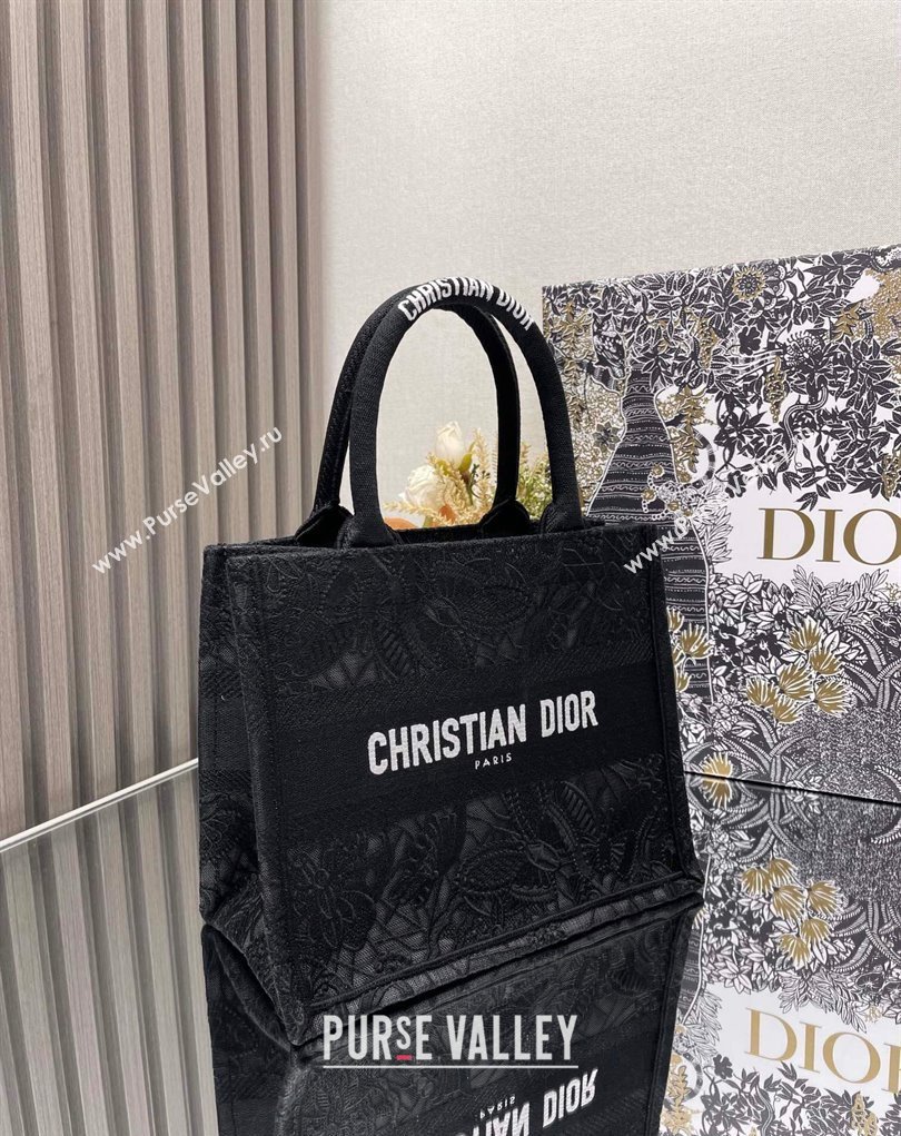Dior Small Book Tote Bag in Black D-Lace Butterfly Embroidery 2024 (ziyin-24022904)