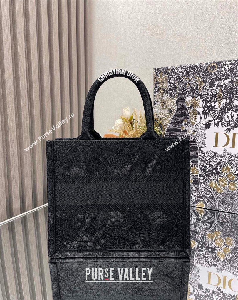 Dior Small Book Tote Bag in Black D-Lace Butterfly Embroidery 2024 (ziyin-24022904)