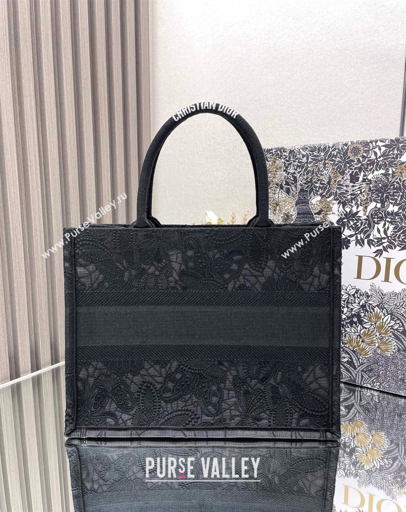 Dior Medium Book Tote Bag in Black D-Lace Butterfly Embroidery 2024 (ziyin-24022901)