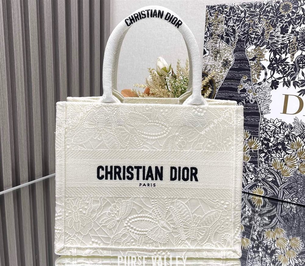 Dior Small Book Tote Bag in White D-Lace Butterfly Embroidery 2024 (ziyin-24022905)