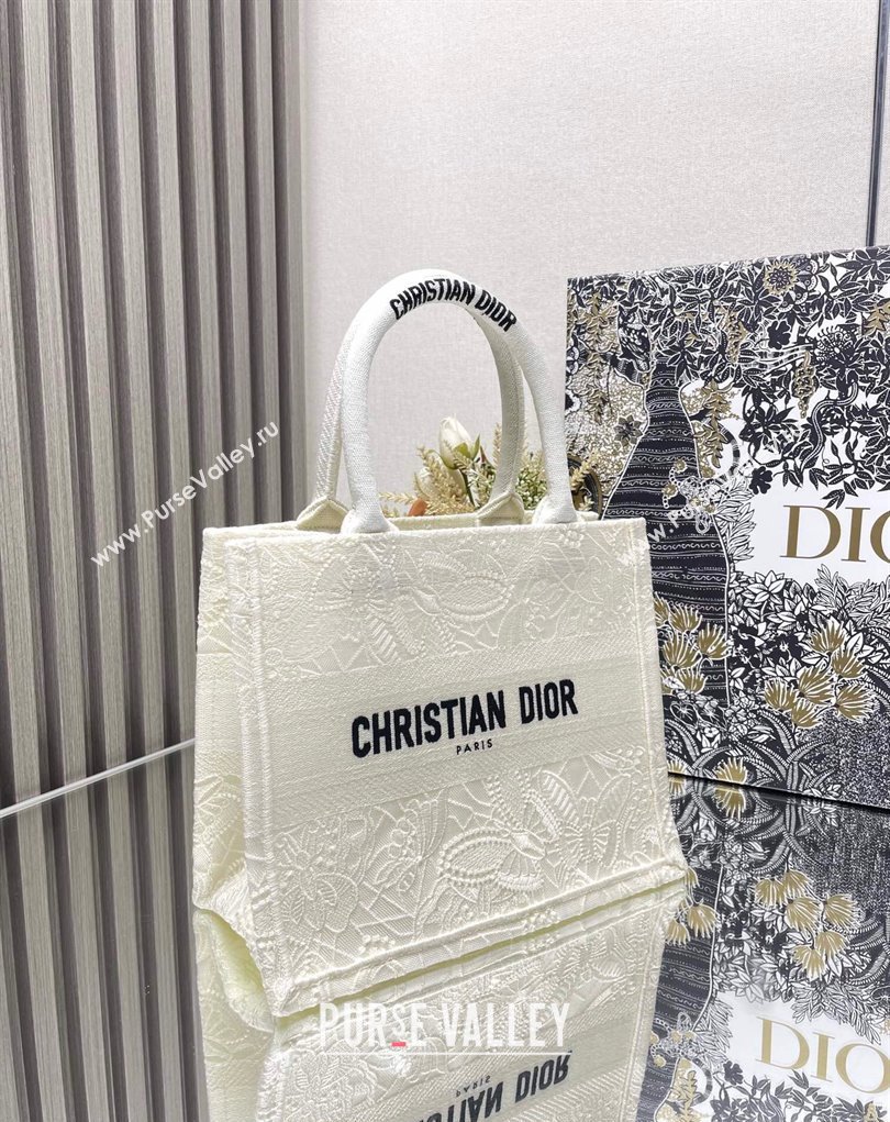 Dior Small Book Tote Bag in White D-Lace Butterfly Embroidery 2024 (ziyin-24022905)