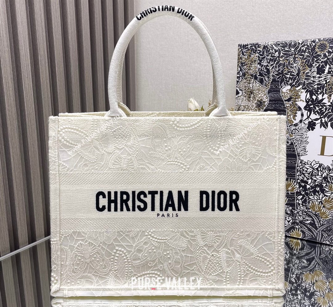 Dior Medium Book Tote Bag in White D-Lace Butterfly Embroidery 2024 (ziyin-24022902)