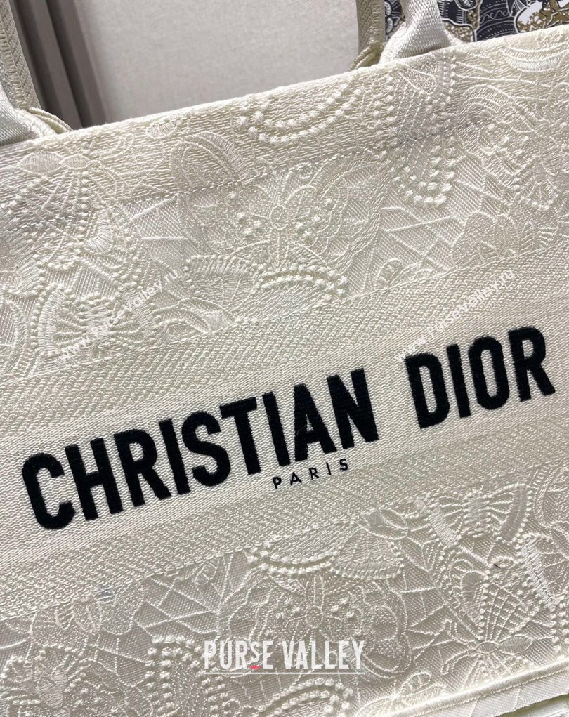 Dior Medium Book Tote Bag in White D-Lace Butterfly Embroidery 2024 (ziyin-24022902)