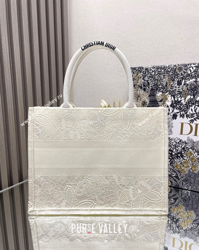 Dior Medium Book Tote Bag in White D-Lace Butterfly Embroidery 2024 (ziyin-24022902)