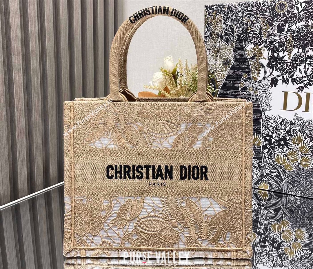 Dior Small Book Tote Bag in Beige D-Lace Butterfly Embroidery 2024 (ziyin-24022906)