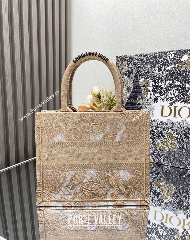 Dior Small Book Tote Bag in Beige D-Lace Butterfly Embroidery 2024 (ziyin-24022906)