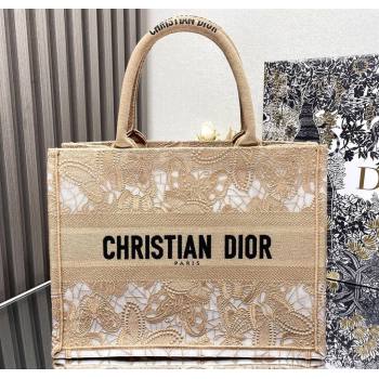 Dior Medium Book Tote Bag in Beige D-Lace Butterfly Embroidery 2024 (ziyin-24022903)