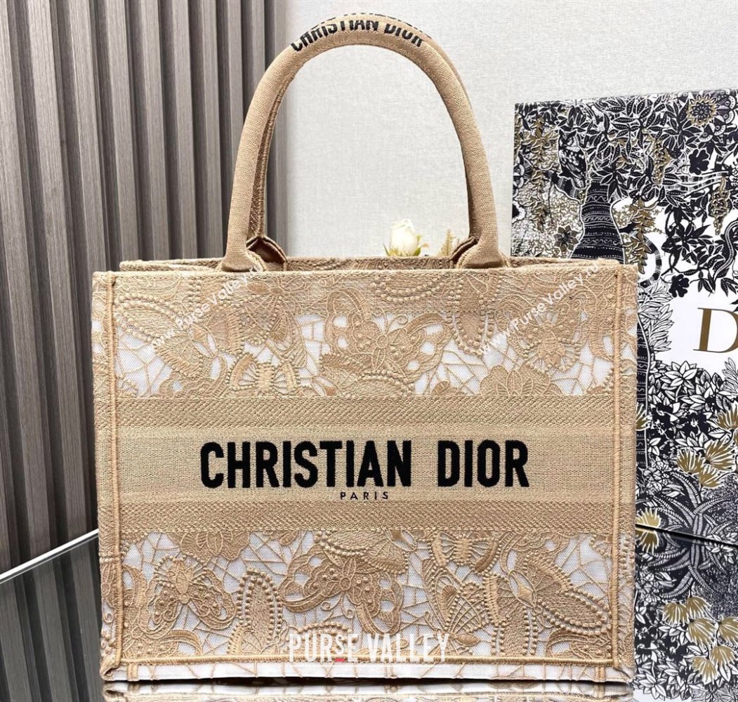 Dior Medium Book Tote Bag in Beige D-Lace Butterfly Embroidery 2024 (ziyin-24022903)