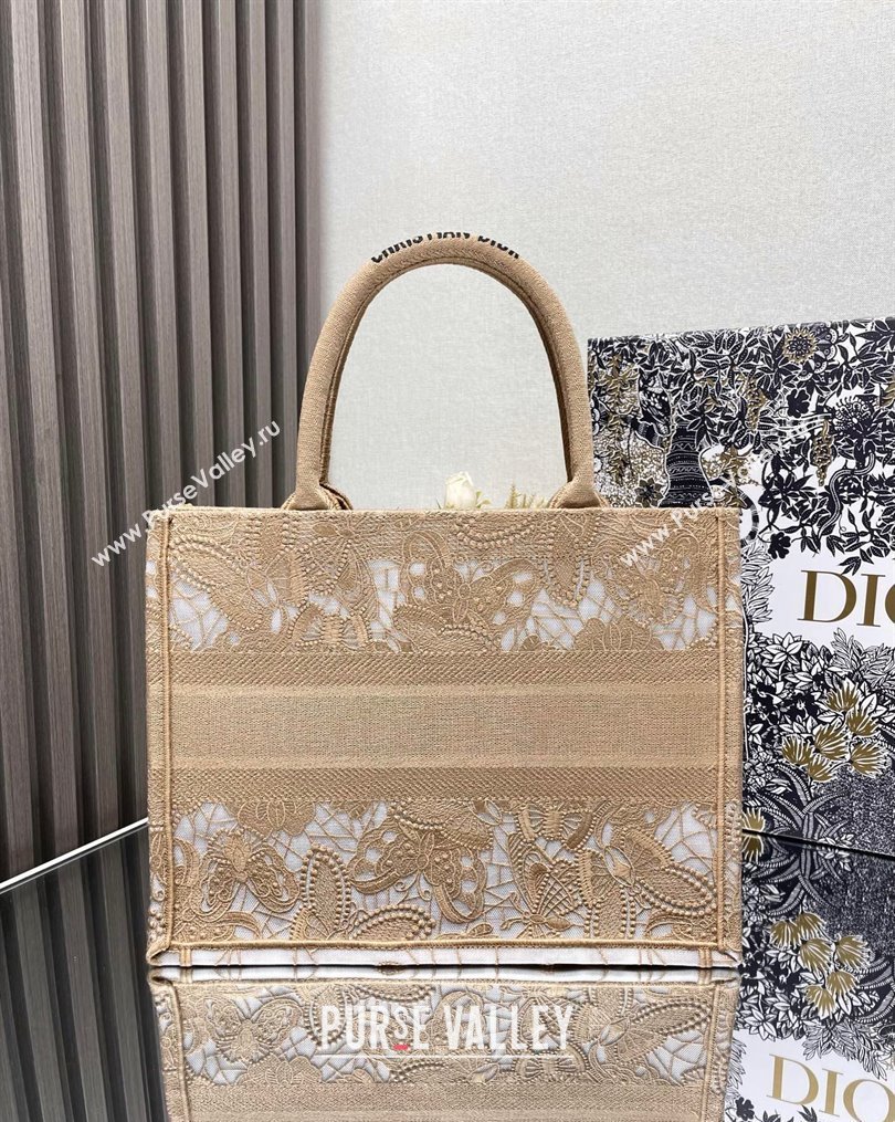 Dior Medium Book Tote Bag in Beige D-Lace Butterfly Embroidery 2024 (ziyin-24022903)